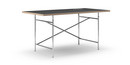 Table Eiermann, Linoleum noir (Forbo 4023) avec bords en chêne, 160 x 80 cm, Chromé, Oblique, décalé (Eiermann 1), 110 x 66 cm