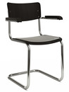 Chaise cantilever S 43 F classique avec accotoirs, Piétement chromé, Hêtre teinté, Noir (TP 29), Coussin d'assise avec rembourrage mélange gris clair, Patins en plastique noir avec feutre