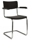 Chaise cantilever S 43 F classique avec accotoirs, Piétement chromé, Hêtre teinté, Noir (TP 29), Coussin d'assise avec rembourrage noir, Patins en plastique noir avec feutre
