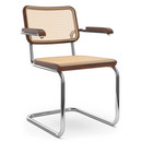 Chaise cantilever S 64 / S 64 N Bauhaus accotoirs, Cannage (avec tissu de soutien sous l'assise), Hêtre teinté  marron foncé, Sans patins