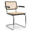 Chaise cantilever S 64 / S 64 N Bauhaus accotoirs, Cannage (avec tissu de soutien sous l'assise), Hêtre teinté noir, Sans patins