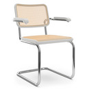 Chaise cantilever S 64 / S 64 N Bauhaus accotoirs, Cannage (avec tissu de soutien sous l'assise), Hêtre lasuré blanc, Sans patins
