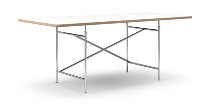 Table Eiermann Mélaminé blanc avec bords chêne|200 x 90 cm|Chromé|Oblique, décalé (Eiermann 1)|110 x 66 cm