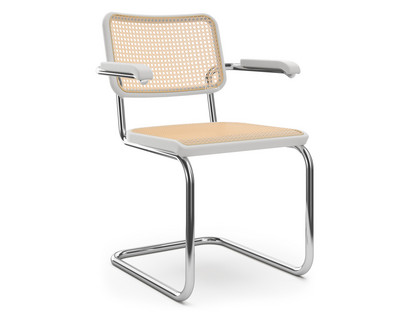 Chaise cantilever S 64 / S 64 N Bauhaus accotoirs Cannage (avec tissu de soutien sous l'assise)|Hêtre lasuré blanc|Sans patins