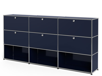 Meuble mixte Highboard XL USM Haller, personnalisable Bleu acier RAL 5011|Avec 3 portes abattantes|Avec 3 portes abattantes|Ouvert