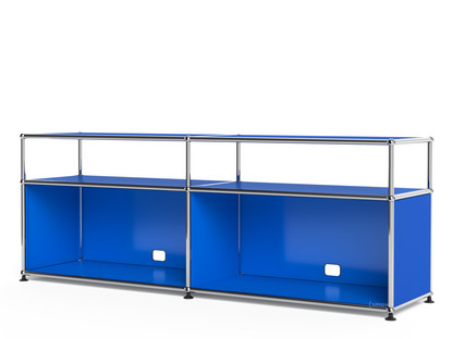 Meuble bas Lowboard L USM Haller avec rehausse, personnalisable Bleu gentiane RAL 5010|Ouvert|Avec passe-câbles au centre bas