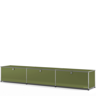 Meuble bas Lowboard XL USM Haller, Édition vert olive, personnalisable Avec 3 portes abattantes|35 cm