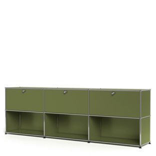 Meuble mixte Sideboard XL USM Haller, Édition vert olive, personnalisable Avec 3 portes abattantes|Ouvert