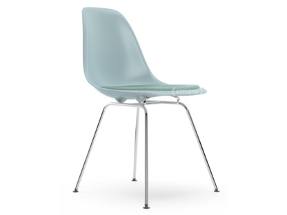 Eames Plastic Side Chair RE DSX Gris bleuté|Avec coussin d'assise|Bleu glacier / ivoire|Version standard - 43 cm|Chromé