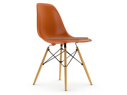 Eames Plastic Side Chair RE DSW Orange rouille|Avec coussin d'assise|Cognac / ivoire|Version standard - 43 cm|Frêne tons miel