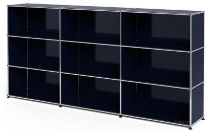 Meuble haut Highboard XL USM Haller, personnalisable, Bleu acier RAL 5011, Ouvert, Ouvert, Ouvert