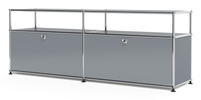 Meuble bas Lowboard L USM Haller avec rehausse, personnalisable, Gris moyen RAL 7005, Avec 2 portes abattantes, Avec passe-câbles au centre bas