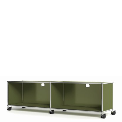 Meuble bas Lowboard TV/Hi-Fi USM Haller, personnalisable, Vert olive RAL 6003, Ouvert, Avec passe-câbles au centre haut