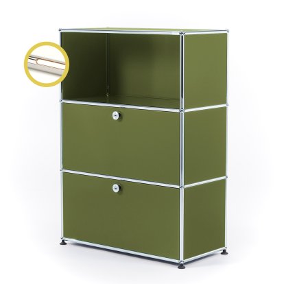 USM Haller E Highboard M avec 2 portes battantes et éclairage du compartiment, Vert olive RAL 6003, Blanche chaude