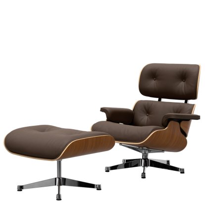 Eames Lounge Chair & Ottoman, Noyer naturel, Cuir Premium F marron, 84 cm - Hauteur originale de 1956, Aluminium poli