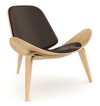 Chaise CH07 Shell, Chêne laqué blanc, Cuir marron