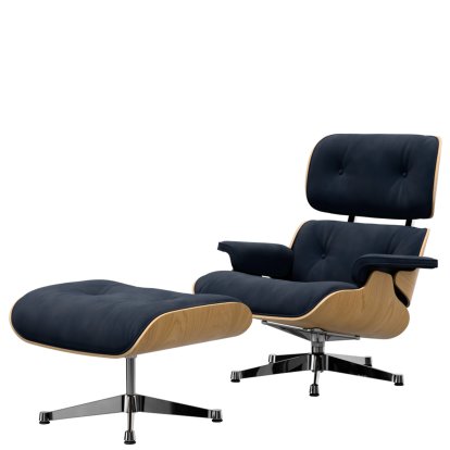 Eames Lounge Chair & Ottoman Calma, Châtaignier naturel, Calma, bleu nuit, 89 cm, Aluminium poli