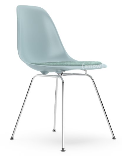 Eames Plastic Side Chair RE DSX, Gris bleuté, Avec coussin d'assise, Bleu glacier / ivoire, Version standard - 43 cm, Chromé