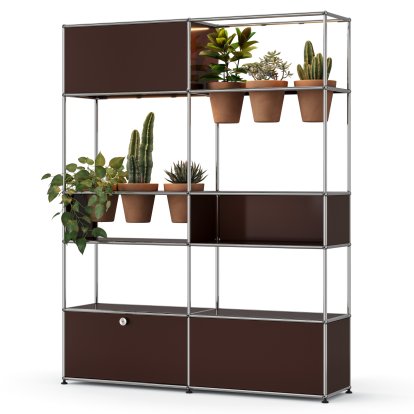 Étagère de séparation USM Haller E plantes, Marron USM, Terre cuite, Éclairage LED blanc chaud
