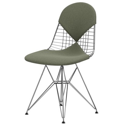 Chaise Wire Chair DKR, Poli chromé, Coussin pour assise et dossier (Bikini), Hopsak ivoire / forêt