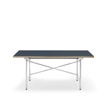 Table Eiermann 1 M (réglage mécanique de la hauteur), Linoleum blue fumé (Forbo 4179) avec bords en chêne, 160 x 80 cm, Chromé