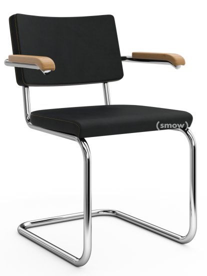 Chaise cantilever S 64 PV Pure Materials, Cuir Nubuk noir, Chêne, Chromé, Patins en plastique noir avec feutre