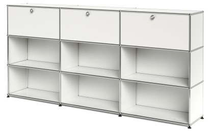 Meuble haut Highboard XL USM Haller, personnalisable, Blanc pur RAL 9010, Avec 3 portes abattantes, Ouvert, Ouvert