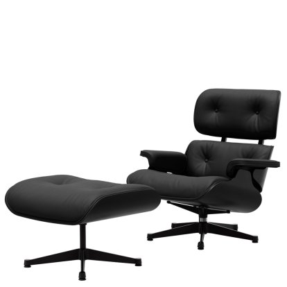 Eames Lounge Chair & Ottoman, Châtaignier noir, Cuir Premium F nero, 84 cm - Hauteur originale de 1956, Aluminium poli, côtés noirs