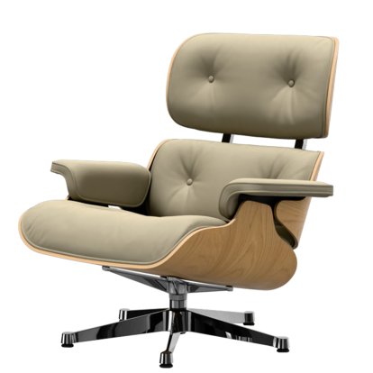 Eames Lounge Chair, Châtaignier naturel, Cuir Premium F sable, 84 cm - Hauteur originale de 1956, Aluminium poli
