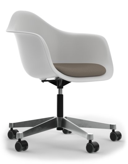 Eames Plastic Armchair RE PACC, Coton blanc, Avec coussin d'assise, Gris chaud / marron marais