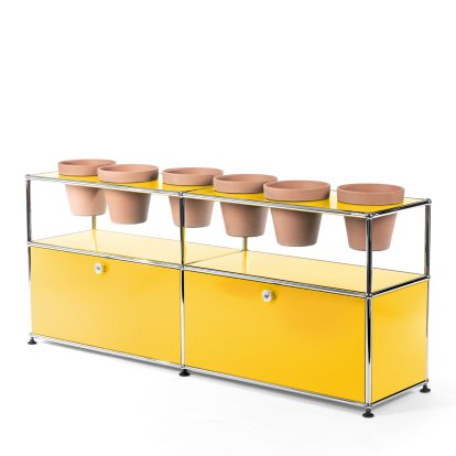 Meuble Sideboard USM Haller pour plantes, Jaune or RAL 1004, Avec 2 portes abattantes, Avec 6 pots, Terre cuite