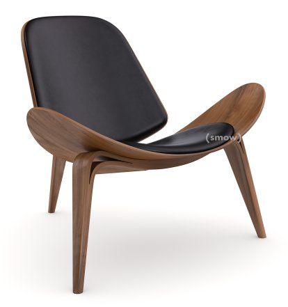 Chaise CH07 Shell, Noyer huilé, Cuir noir