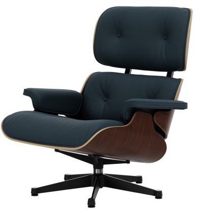 Eames Lounge Chair, Noyer foncé, Cuir Premium F bleu fumé, 89 cm, Aluminium poli, côtés noirs