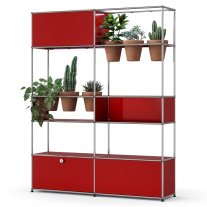 Étagère de séparation USM Haller E plantes, Rouge rubis USM, Terre cuite, Éclairage LED blanc froid