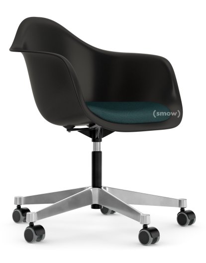 Eames Plastic Armchair RE PACC, Noir profond  , Avec coussin d'assise, Pétrole / marron marais