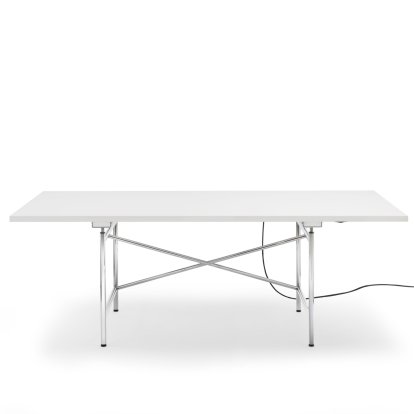 Table Eiermann 1 E (réglage électrique de la hauteur), Mélaminé blanc avec bords blancs, 200 x 90 cm, Chromé, Sans passage-de-câbles