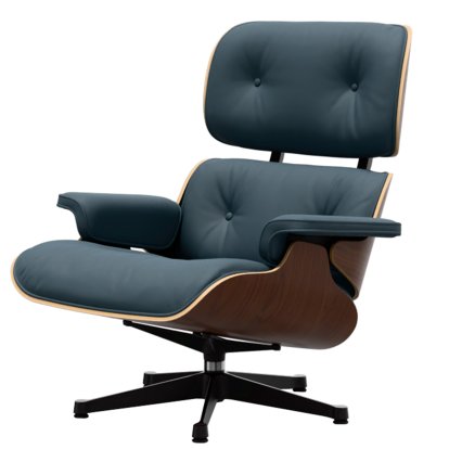 Eames Lounge Chair, Noyer foncé, Cuir Premium F bleu fumé, 89 cm, Aluminium poli, côtés noirs