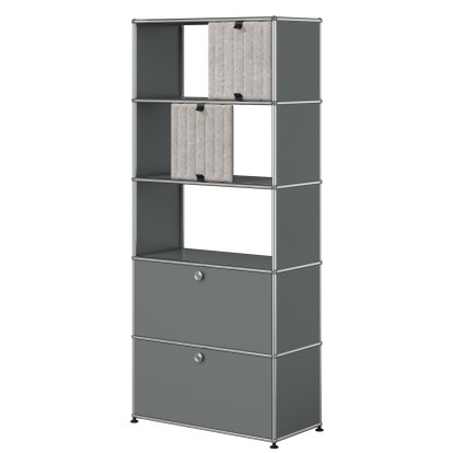Étagère USM Haller, 2 abattants sans paroi arrière, avec 2 Soft Panels, verticale, Gris moyen RAL 7005, Gris / Gris foncé