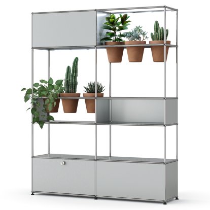 Étagère de séparation USM Haller E plantes, Argent mat USM, Terre cuite, Éclairage LED blanc froid