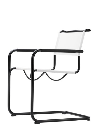 Chaise cantilever S 34 N All Seasons avec accotoirs , Blanc, Noir, Avec coussin bleu nuit, Elastomère noir