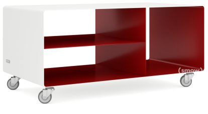Meuble bas HI-FI R 104, Blanc pur (RAL 9010) - Rouge rubis (RAL 3003), Roulettes industrielles