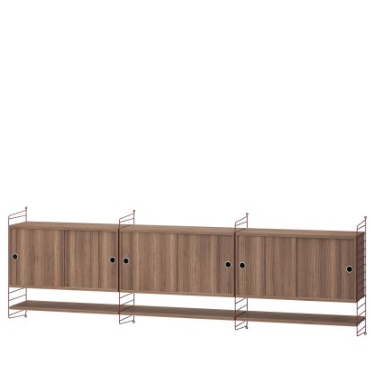 Étagère murale String System avec 3 armoires suspendues, Placage noyer, Rouge foncé