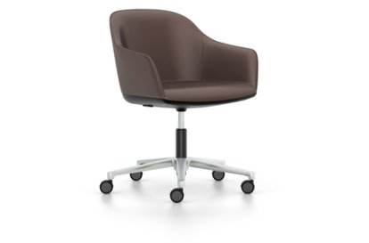 Softshell Chair avec piètement à 5 branches, Aluminium poli, Cuir (Standard), Marron, Souples pour sols durs
