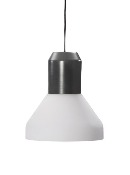 lampe suspendue Bell Light, Métal laqué gris, Verre blanc opalin, H 23 x ø 35 cm