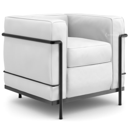 2 Fauteuil Grand Confort, petit modèle, Laqué noir mat, Cuir Scozia, Blanc