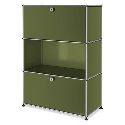 Meuble haut Highboard M USM Haller, personnalisable, Vert olive RAL 6003, Avec  porte abattante, Ouvert, Avec  porte abattante