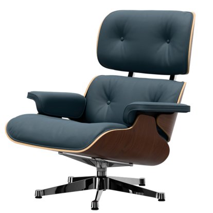 Eames Lounge Chair, Noyer foncé, Cuir Premium F bleu fumé, 89 cm, Aluminium poli