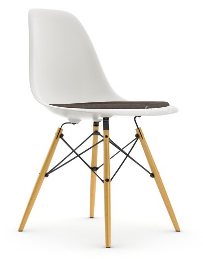Eames Plastic Side Chair DSW, Blanc non-RE, Avec coussin d'assise, Gris chaud / marron marais, Version standard - 43 cm, Érable nuance de jaune
