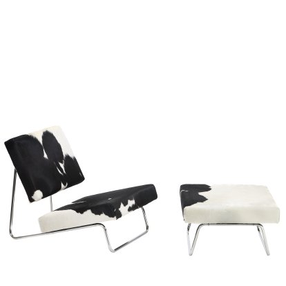 Fauteuil de salon Hirche, Peau de vache, noire / blanche, Chromé, avec repose-pieds