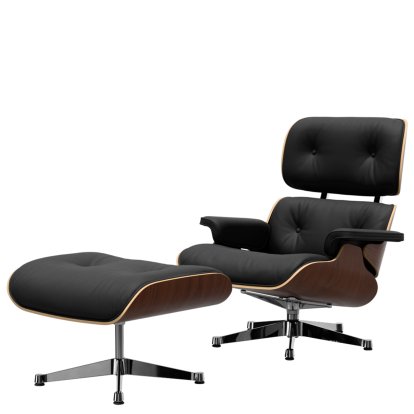 Eames Lounge Chair & Ottoman, Noyer foncé, Cuir Premium F nero, 89 cm, Aluminium poli